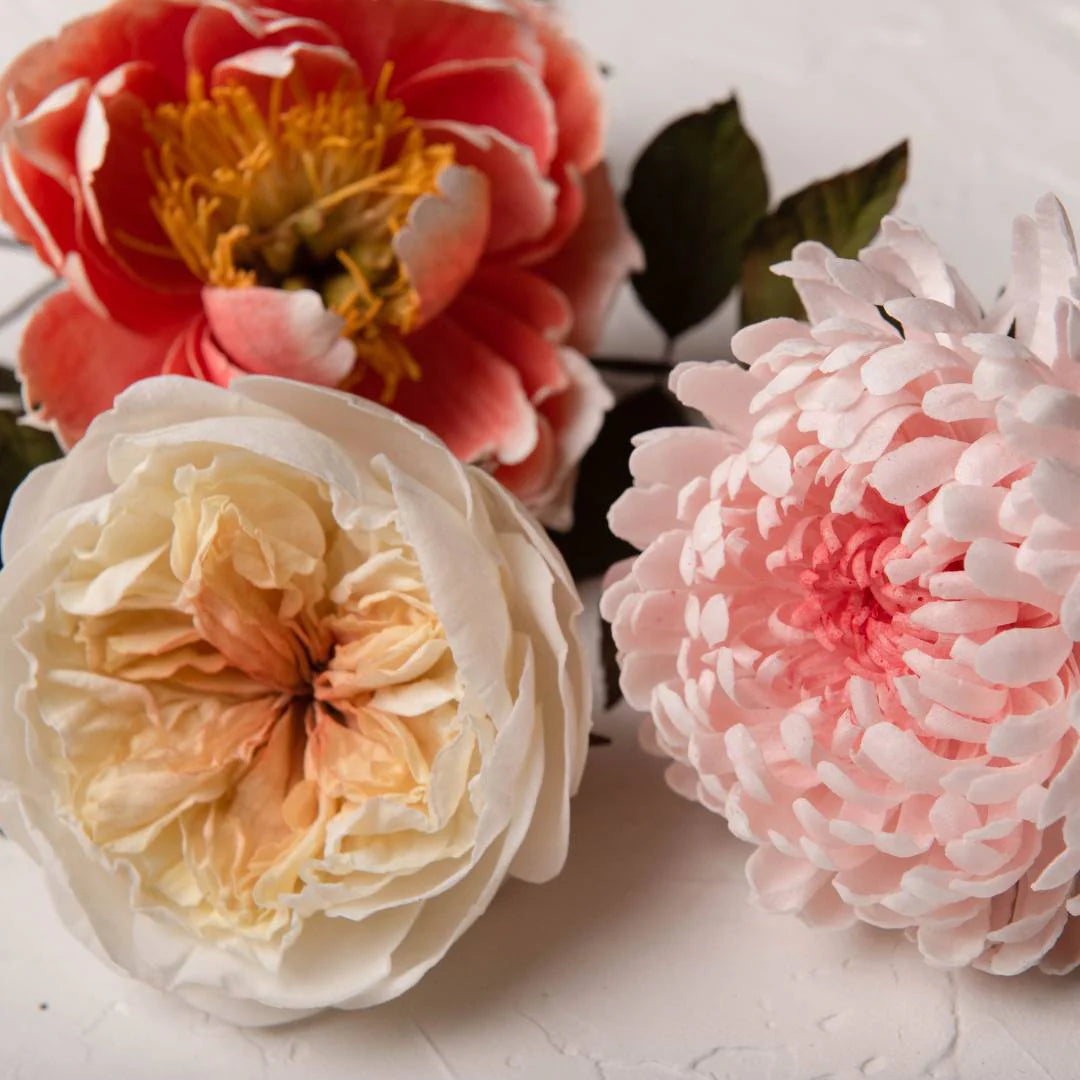 Flores en Papel de Arroz: Crisantemo, David Austin y Peonía