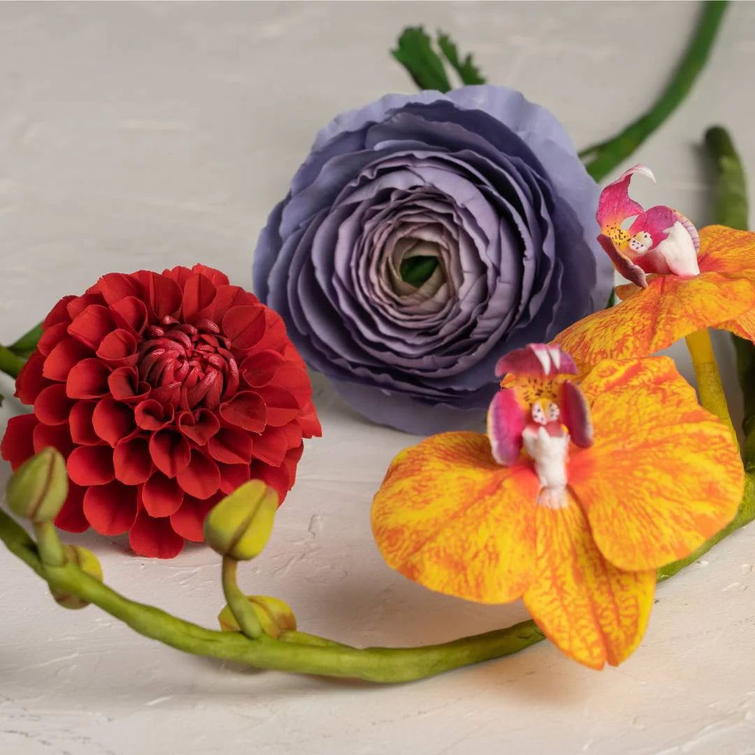 Flores en Pasta de Goma: Orquídea, Dalia y Ranúnculo